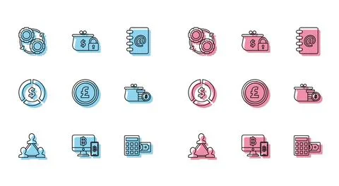 Set line Project team base, Gear arrows workflow process concept, Calculato.. Illustrazione stock