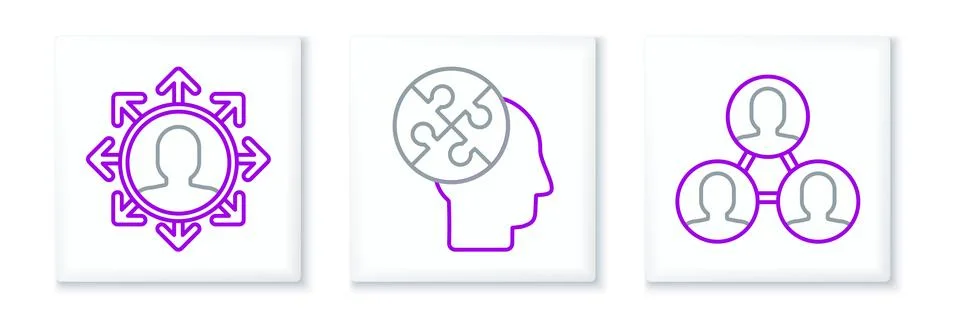 Set line Project team base,  and Human head puzzles strategy icon. Vector Stock Illustration