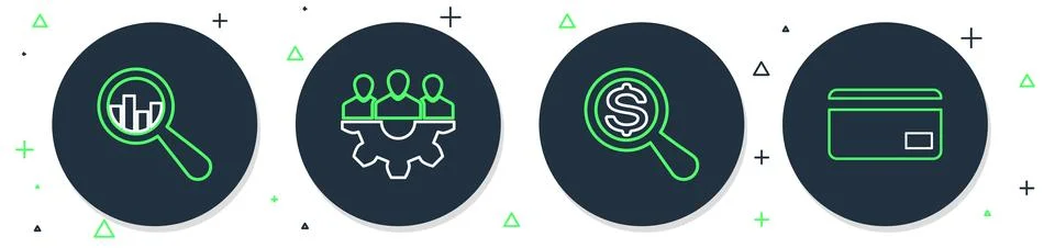 Set line Project team base, Magnifying glass and dollar, analysis and Credi.. Illustrazione stock