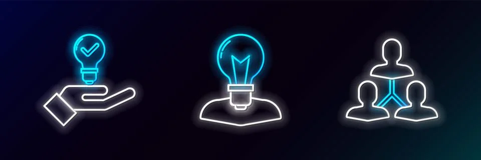 Set line Project team base, Light bulb in hand and Human head with lamp ico.. Stock Illustration
