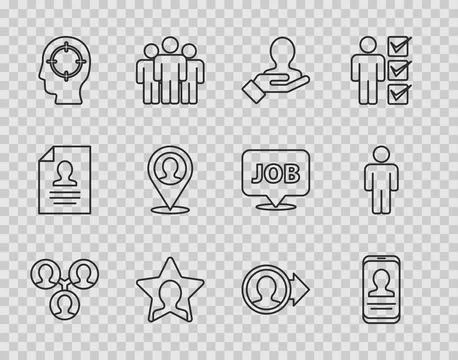 Set line Project team base, Mobile with resume, Hand for search people, Hea.. Stock Illustration