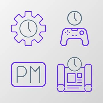 Set line Project time plan, Day, Gamepad of and Time Management icon. Vector Stock Illustration