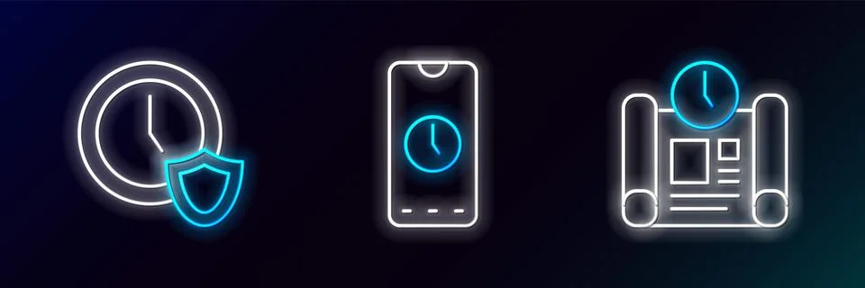 Set line Project time plan, Clock with shield and Alarm clock app mobile ic.. Stock Illustration