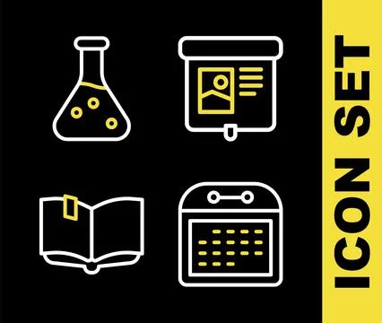 Set line Projection screen, Calendar, Open book and Test tube icon. Vector Illustrazione stock