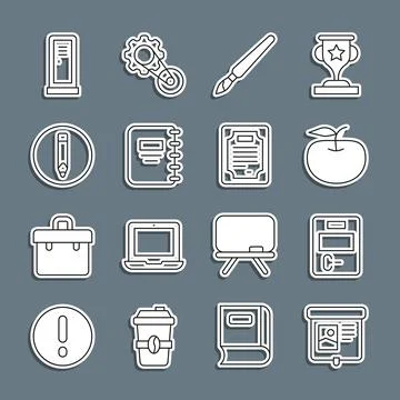 Set line Projection screen, Exam paper with incorrect answers, Apple, Paint.. Illustrazione stock