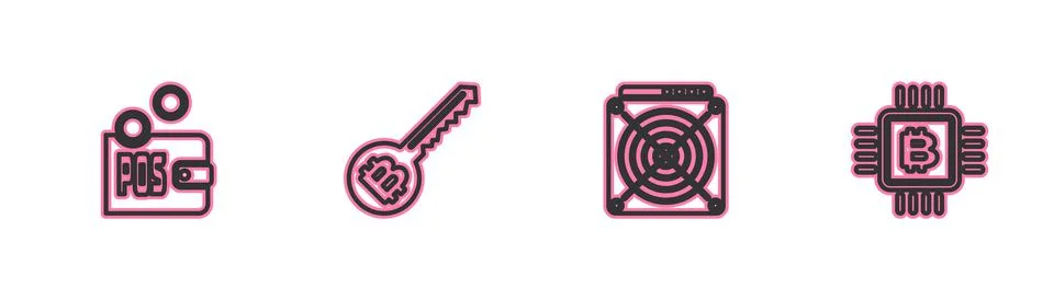Set line Proof of stake, ASIC Miner, Cryptocurrency key and CPU mining farm icon Stock Illustration