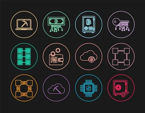 Set line Proof of stake, Blockchain technology, Mining farm, with laptop and Stock Illustration