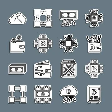 Set line Proof of stake, CPU mining farm, Cryptocurrency wallet, bitcoin with Stock Illustration