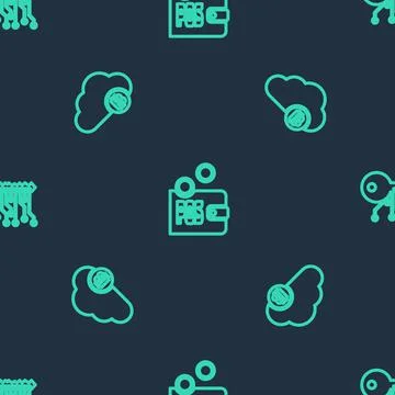 Set line Proof of stake, Cryptocurrency cloud mining and key on seamless pattern Stock Illustration