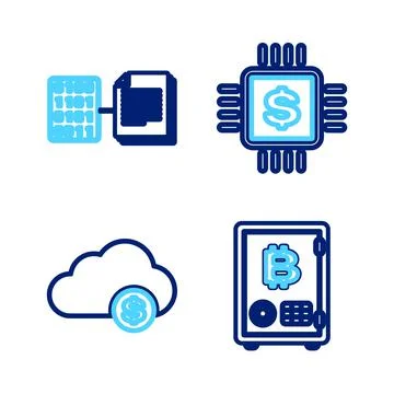 Set line Proof of stake, Cryptocurrency cloud mining, Processor chip with dollar Illustrazione stock