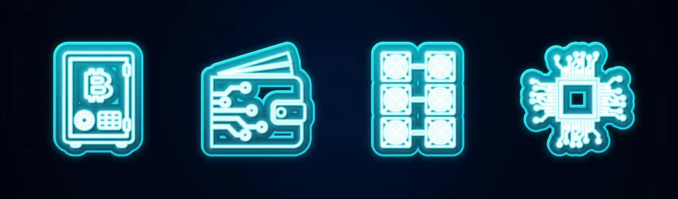 Set line Proof of stake, Cryptocurrency wallet, Mining farm and Processor Stock Illustration