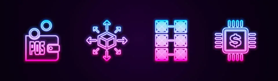 Set line Proof of stake, Distribution, Mining farm and Processor chip with Stock Illustration
