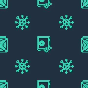 Set line Proof of stake, Distribution and ASIC Miner on seamless pattern. Vec 库存插图