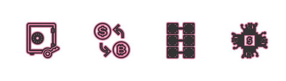 Set line Proof of stake, Mining farm, Cryptocurrency exchange and Processor chip Illustrazione stock