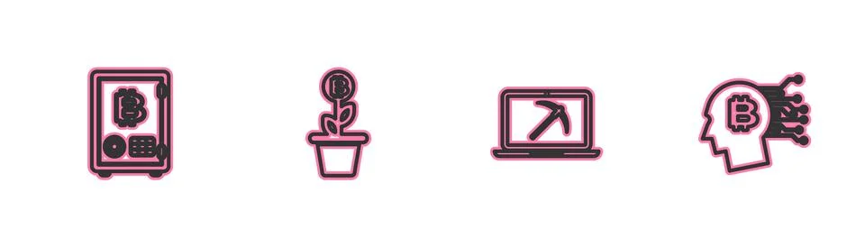 Set line Proof of stake, Mining with laptop and pickaxe, Bitcoin plant the po Stock Illustration