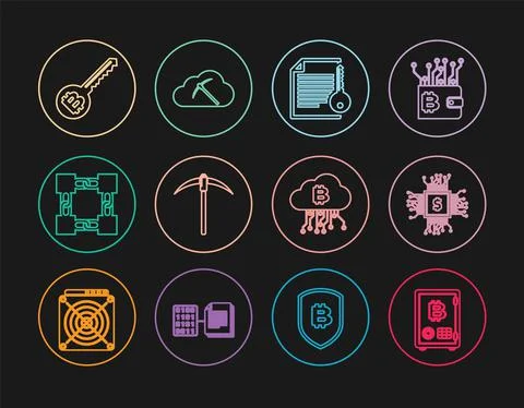 Set line Proof of stake, Processor chip with dollar, Smart contract, Pickaxe Stock Illustration