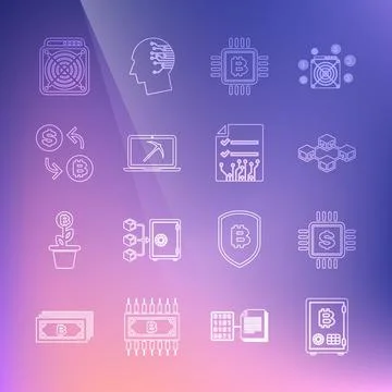 Set line Proof of stake, Processor chip with dollar, Blockchain technology, CPU Stock Illustration