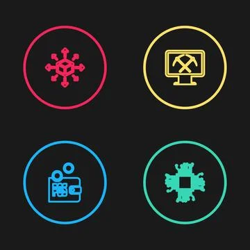 Set line Proof of stake, Processor, Mining with monitor and pickaxe and 스톡 일러스트