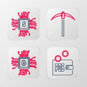Set line Proof of stake, Processor, Pickaxe and CPU mining farm icon. Vector Stockillustratie