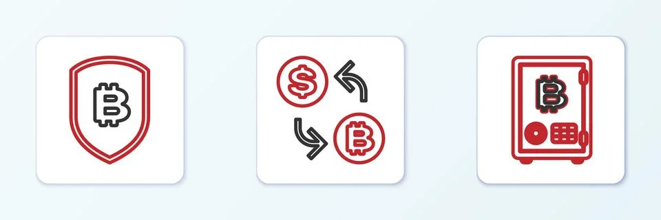 Set line Proof of stake, Shield with bitcoin and Processor chip dollar icon Stock Illustration