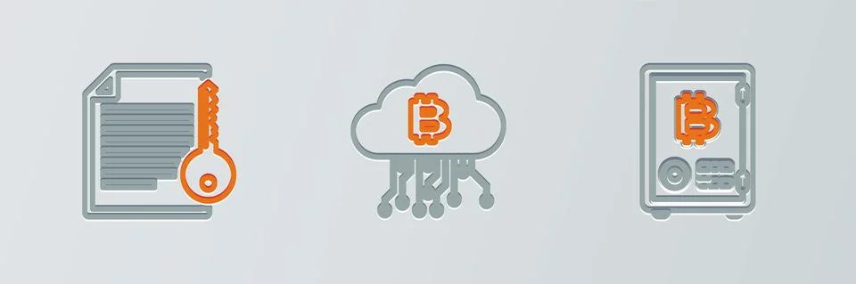 Set line Proof of stake, Smart contract and Cryptocurrency cloud mining icon Stock Illustration