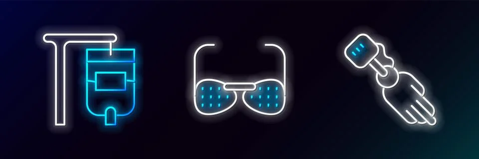 Set line Prosthesis hand, IV bag and Blind glasses icon. Glowing neon. Vector Stock Illustration