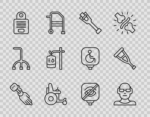 Set line Prosthesis hand, Poor eyesight, leg, Electric wheelchair, Intercom, IV Ilustración de archivo