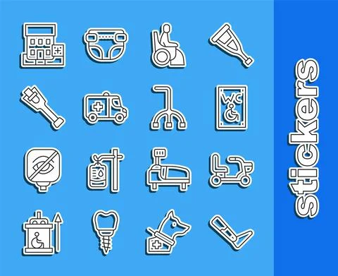 Set line Prosthesis leg, Electric wheelchair, Separated toilet for disabled Stock Illustration