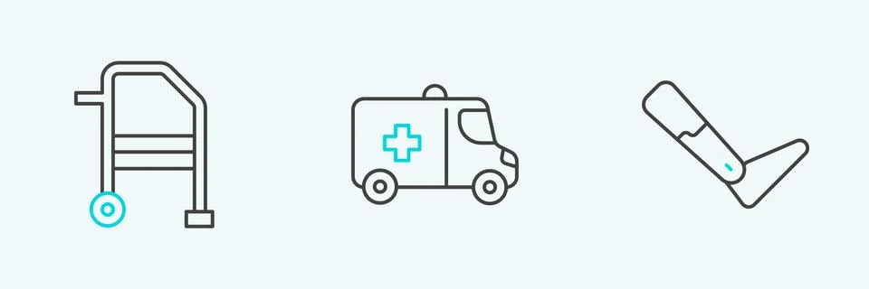Set line Prosthesis leg, Walker and Emergency car icon. Vector イラスト素材