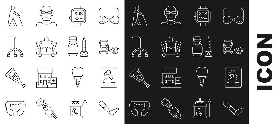 Set line Prosthesis leg, X-ray shots, Disabled car, Smart watch, Man without Stock Illustration