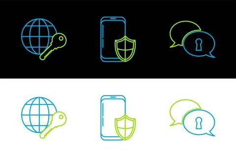 Set line Protection of personal data, Globe key and Smartphone with security Illustrazione stock