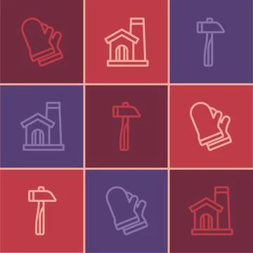 Set line Protective gloves, Hammer and Smithy workshop interior icon. Vector Stock Illustration