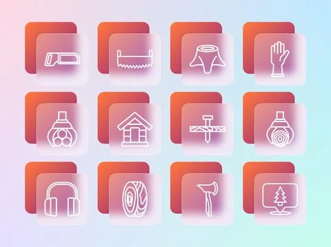 Set line Protective gloves, Tree rings, Metallic nail, Wooden axe, Dog hous.. Stock Illustration