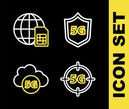 Set line Protective shield 5G, network, Cloud and icon. Vector Stock Illustration