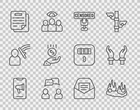 Set line Protest, Burning car, Censored stamp, Speech bubble chat, Document Stock Illustration