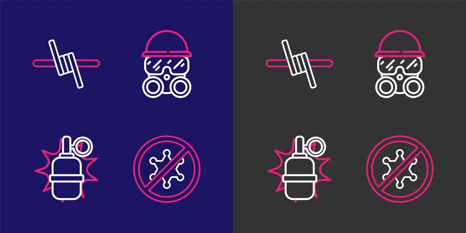 Set line Protest, Hand grenade, Gas mask and Barbed wire icon. Vector Stock Illustration