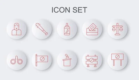 Set line Protest, Handcuffs, Pepper spray, Road barrier, Censor freedom of .. Ilustración de archivo