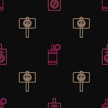 Set line Protest, Peace and Hand grenade on seamless pattern. Vector Stock Illustration