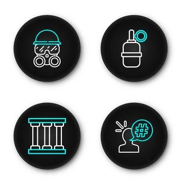 Set line Protest, Prison window, Hand grenade and Gas mask icon. Vector Ilustração Stock
