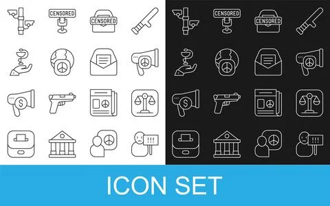 Set line Protest, Scales of justice, Peace, Censored stamp, International d.. 스톡 일러스트