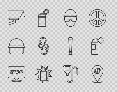 Set line Protest Special forces soldier Hand grenade Security camera Handcuff Stock Illustration
