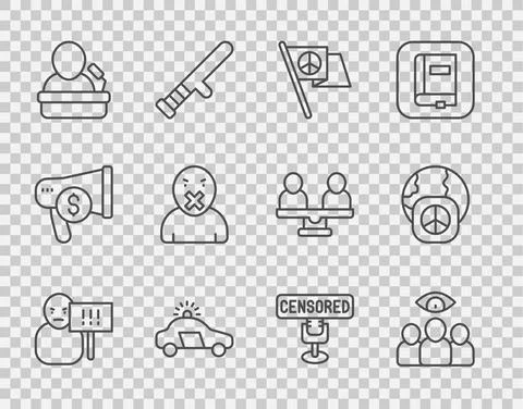 Set line Protest, Spy, agent, Peace, Police car and flasher, Speaker, Censor イラスト素材