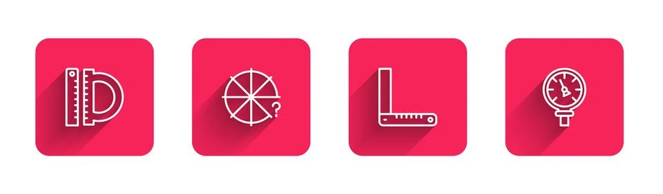 Set line Protractor and ruler, Circle of pieces, Corner and Pressure water meter Illustrazione stock