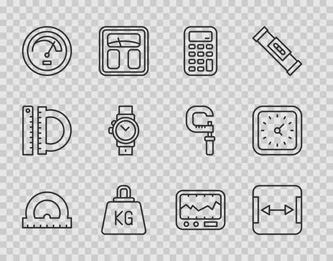 Set line Protractor, Area measurement, Calculator, Weight, Speedometer, Wrist Stockillustratie