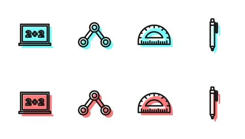 Set line Protractor, Chalkboard, Molecule and Pen icon. Vector 库存插图