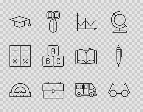 Set line Protractor, Glasses, Graph, schedule, chart, diagram, School backp.. Stock-Illustration