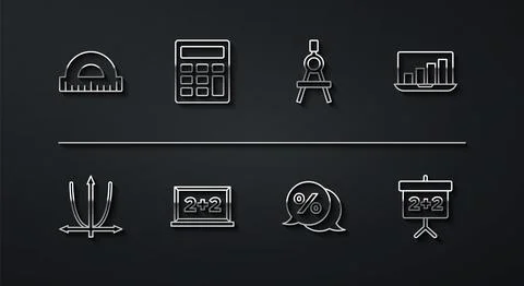 Set line Protractor, Graph, schedule, chart, diagram, Laptop with graph, Di.. Stock Illustration