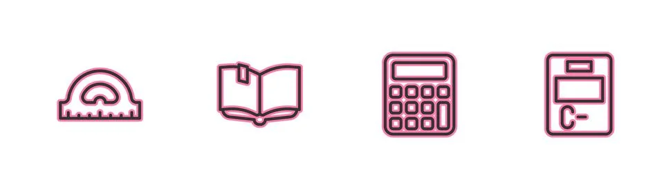 Set line Protractor grid, Calculator, Open book and Exam paper with incorrect Stock Illustration