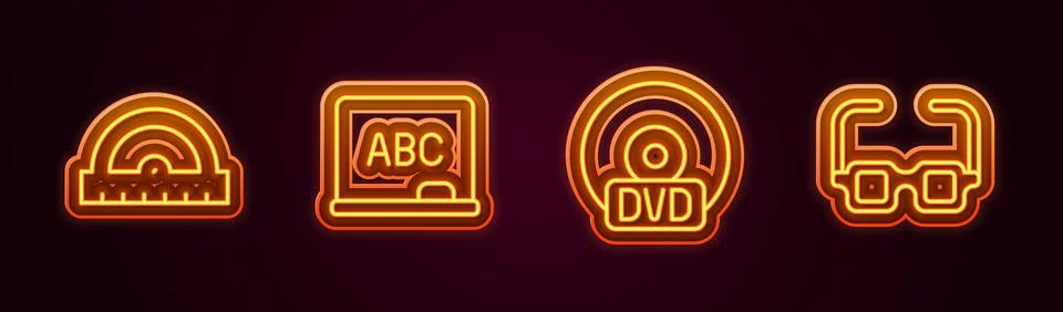 Set line Protractor grid, Chalkboard, CD DVD disk and Glasses. Glowing neon icon Illustrazione stock