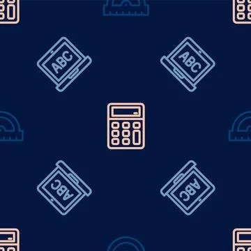 Set line Protractor grid, Laptop and Calculator on seamless pattern. Vector Illustrazione stock